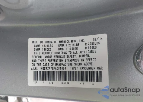 2015 Honda Accord Ex z USA, uszkodzony, nr VIN 1HGCR2F76FA001824